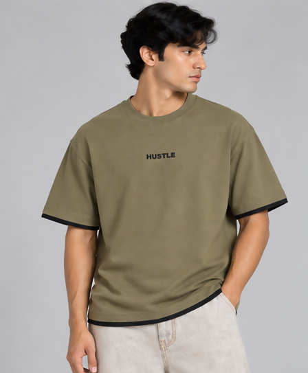 HUSTLE Men's Crew Neck Oversized Tees - Dusty Olive