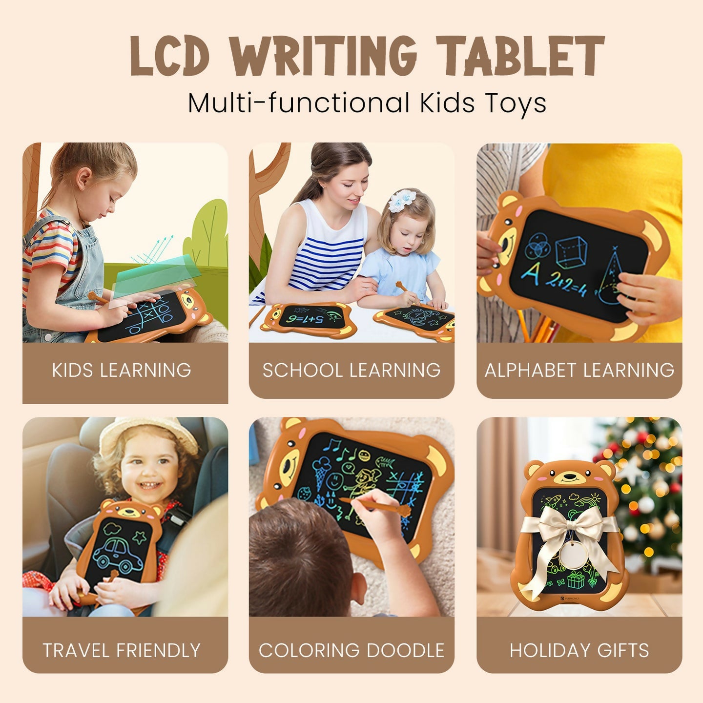 Portronics Ruffpad Teddy 8.5-Inch Multicolor LCD Writing & Drawing Tablet with One-Tap Erase, Teddy Bear Design, Eye-Safe Screen – Reusable & Eco-Friendly - Brown