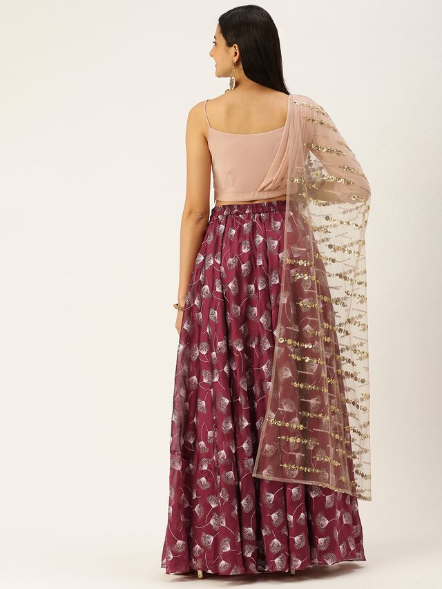 Bollywood Vogue Ready To Wear Maroon Satin N Pink Draped Style Lehenga