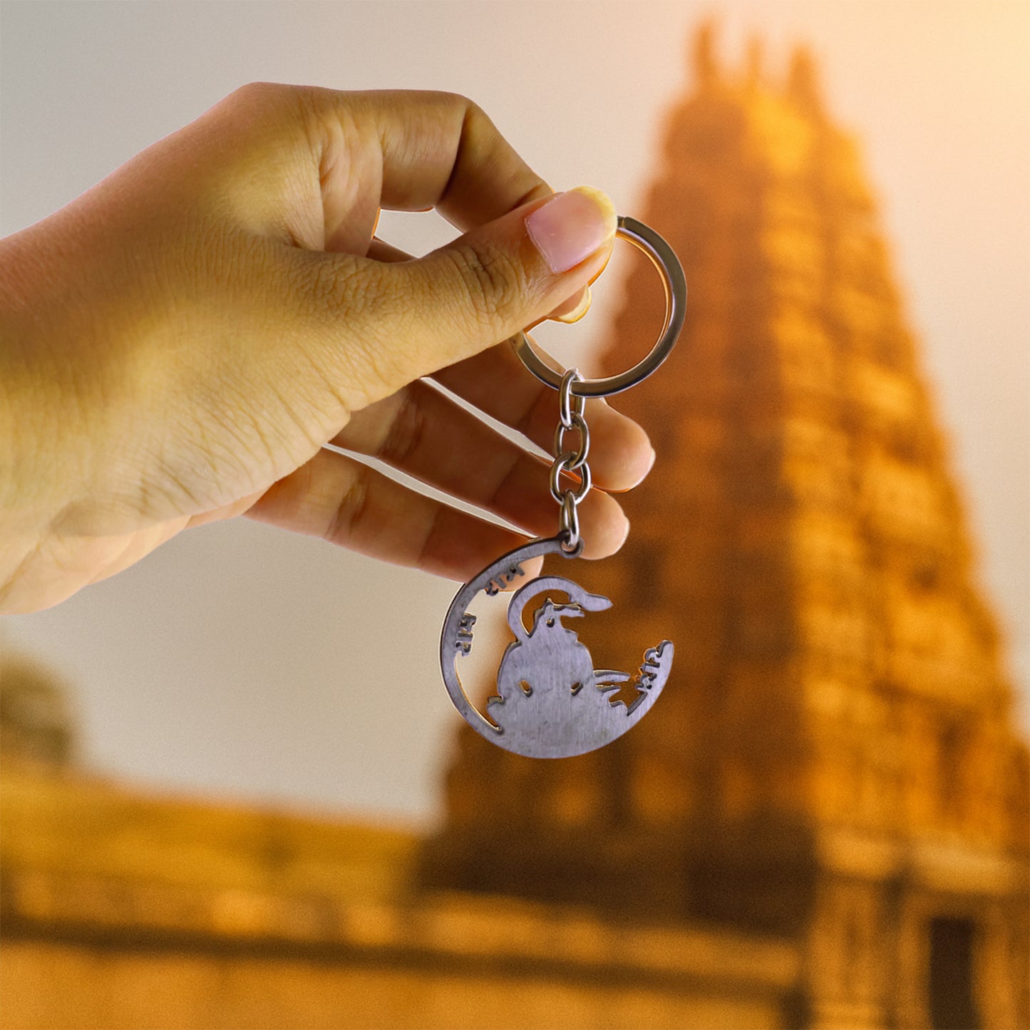 Devotional Jai Shri Ram Metal Keychain Crescent Silhouette Tag with Lord Hanuman Motif- (1 Pc)