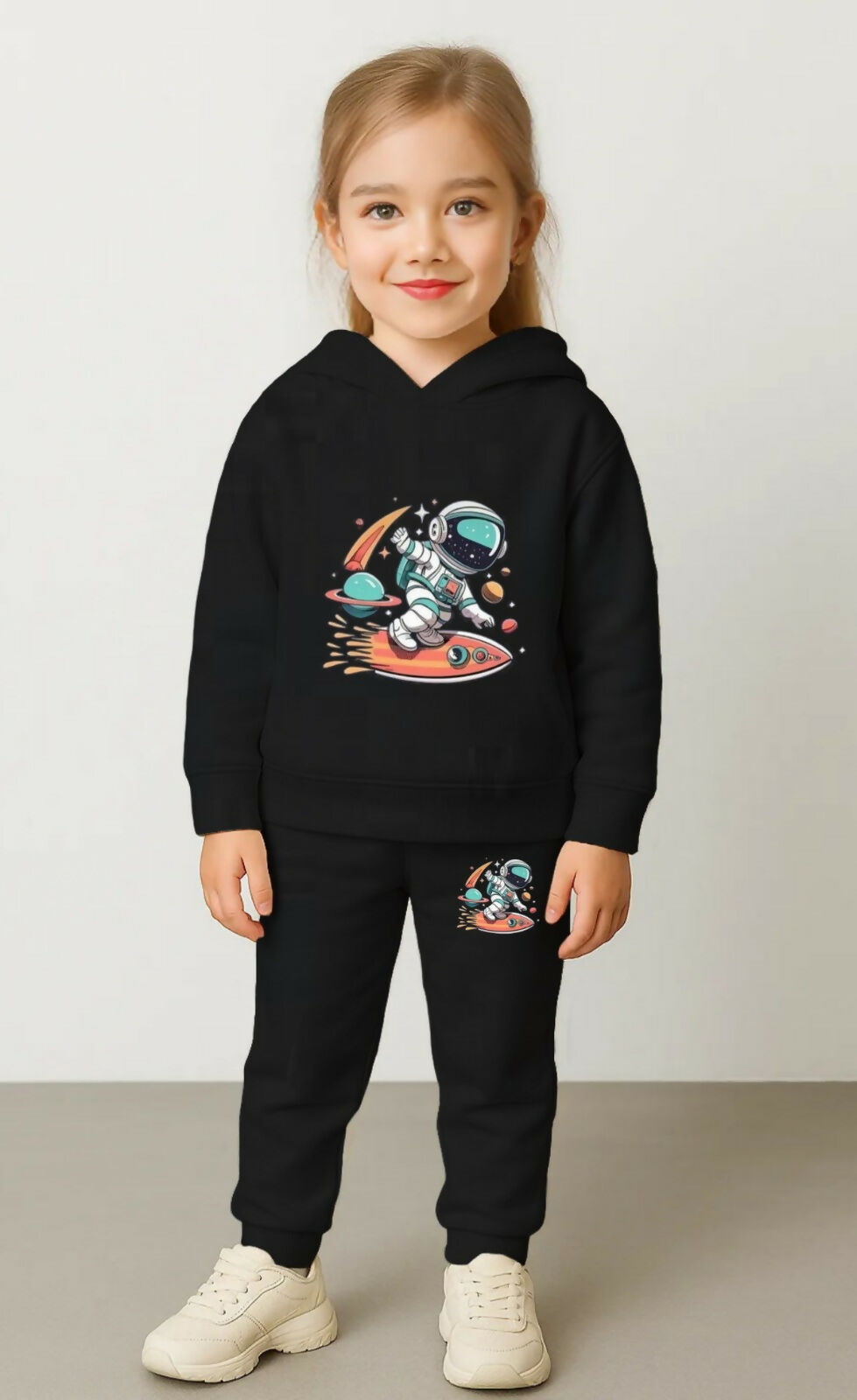 Girls' Black Cotton Blend Hoodie & Jogger Set – Surfing Astronaut in Space Galaxy Design (Ages 0-7 Years) Luck Fashion