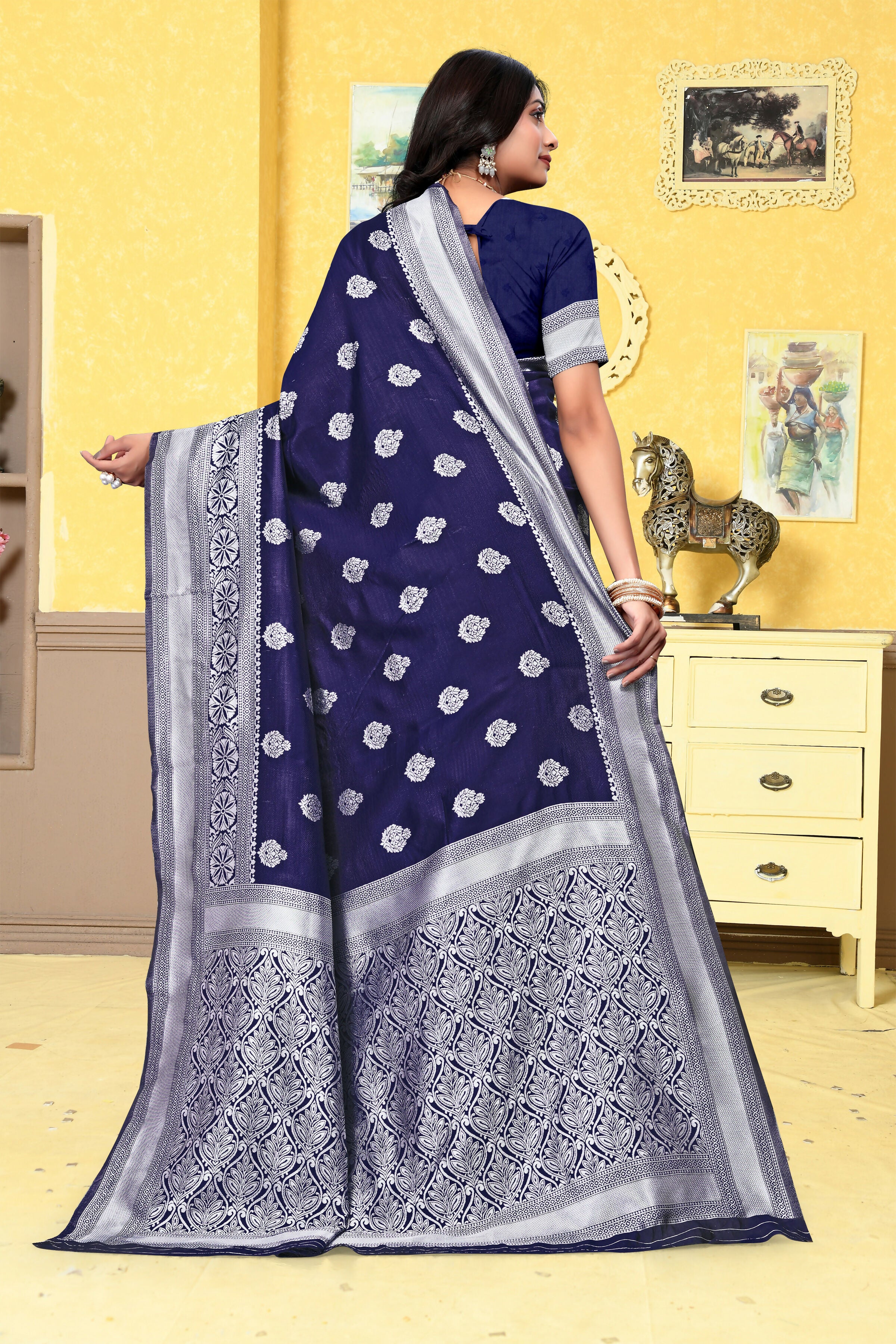 AXONIT Banarasi Silk Saree for Women with Silver Zari Work for Wedding Wear