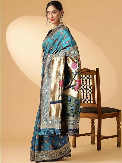 AXONIT Jacquard Silk Saree – Golden Zari Peacock Design, Festive Wear