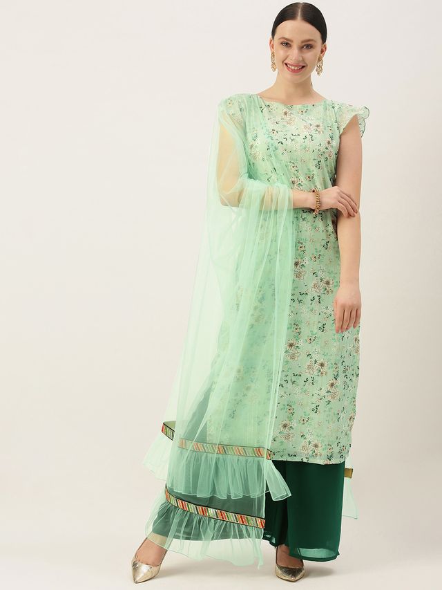 Bollywood Vogue Ready To Wear Green Muslin Print N Green Georgette palazzo Suit
