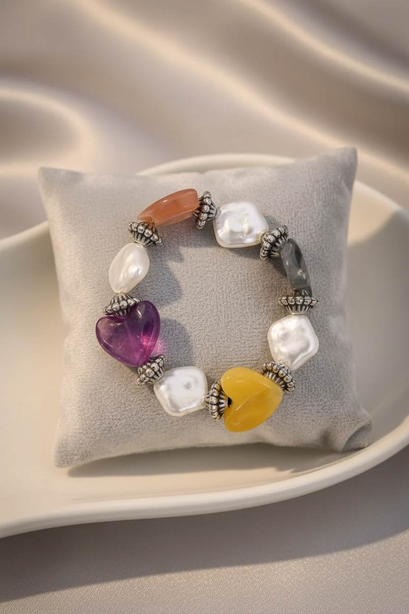 Multi Colored Heart Pearls Expanding Bracelet (Silver, Free, 1) SUPER