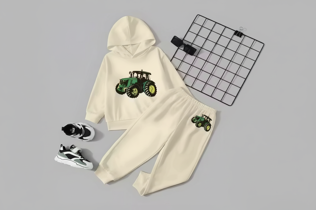 Kids Hooded Sweatshirt & Jogger Set – Green Tractor Print Casual Wear (Cream) Luck Fashion