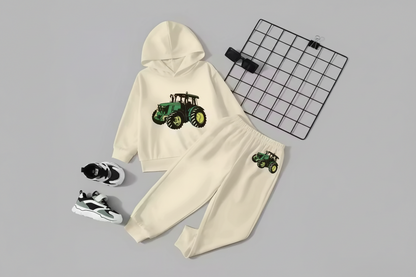 Kids Hooded Sweatshirt & Jogger Set – Green Tractor Print Casual Wear (Cream) Luck Fashion