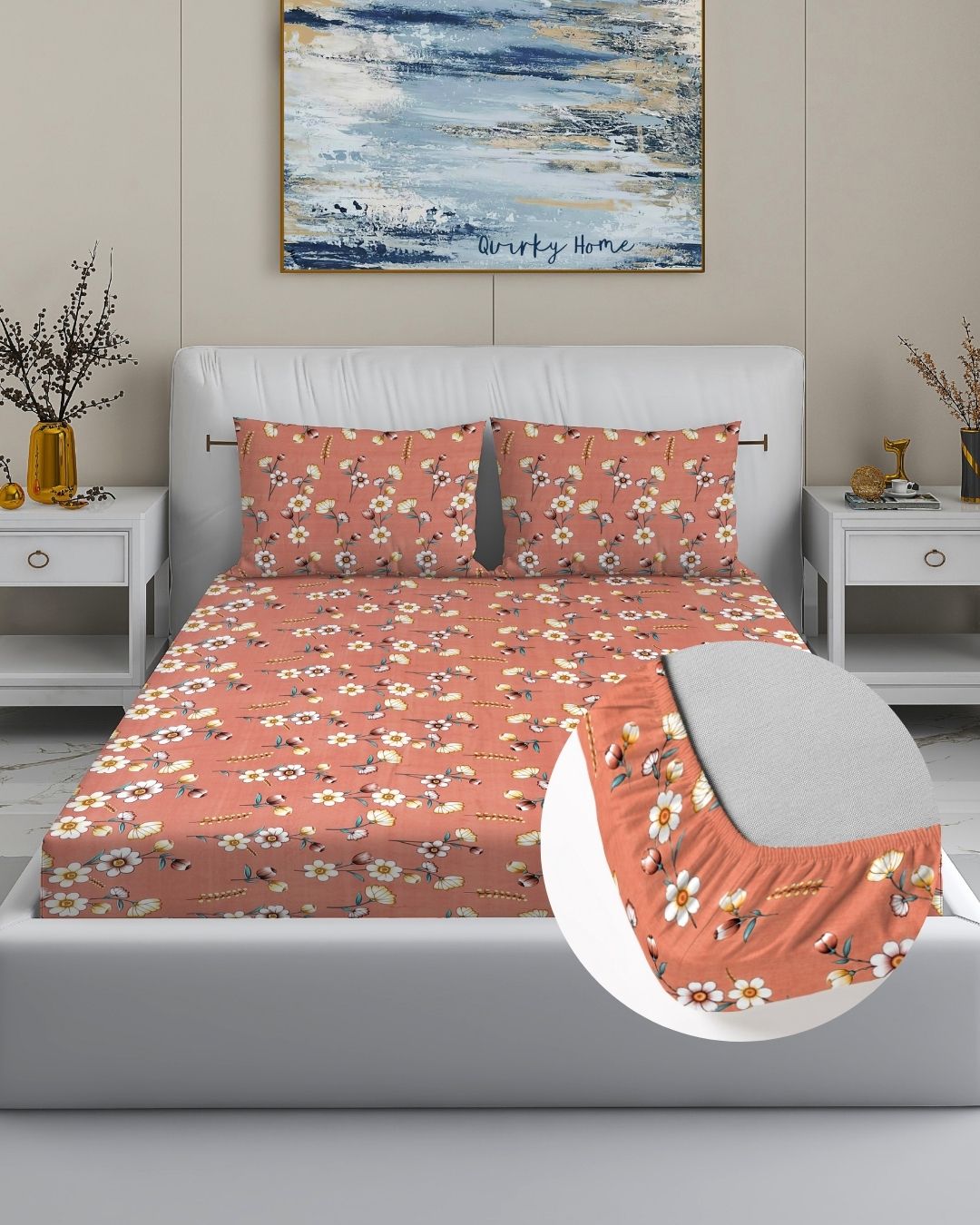 Fantasy Collection Premium Cotton 200 TC Fitted Queen Bedsheet with 2 Pillow Covers - Peach
