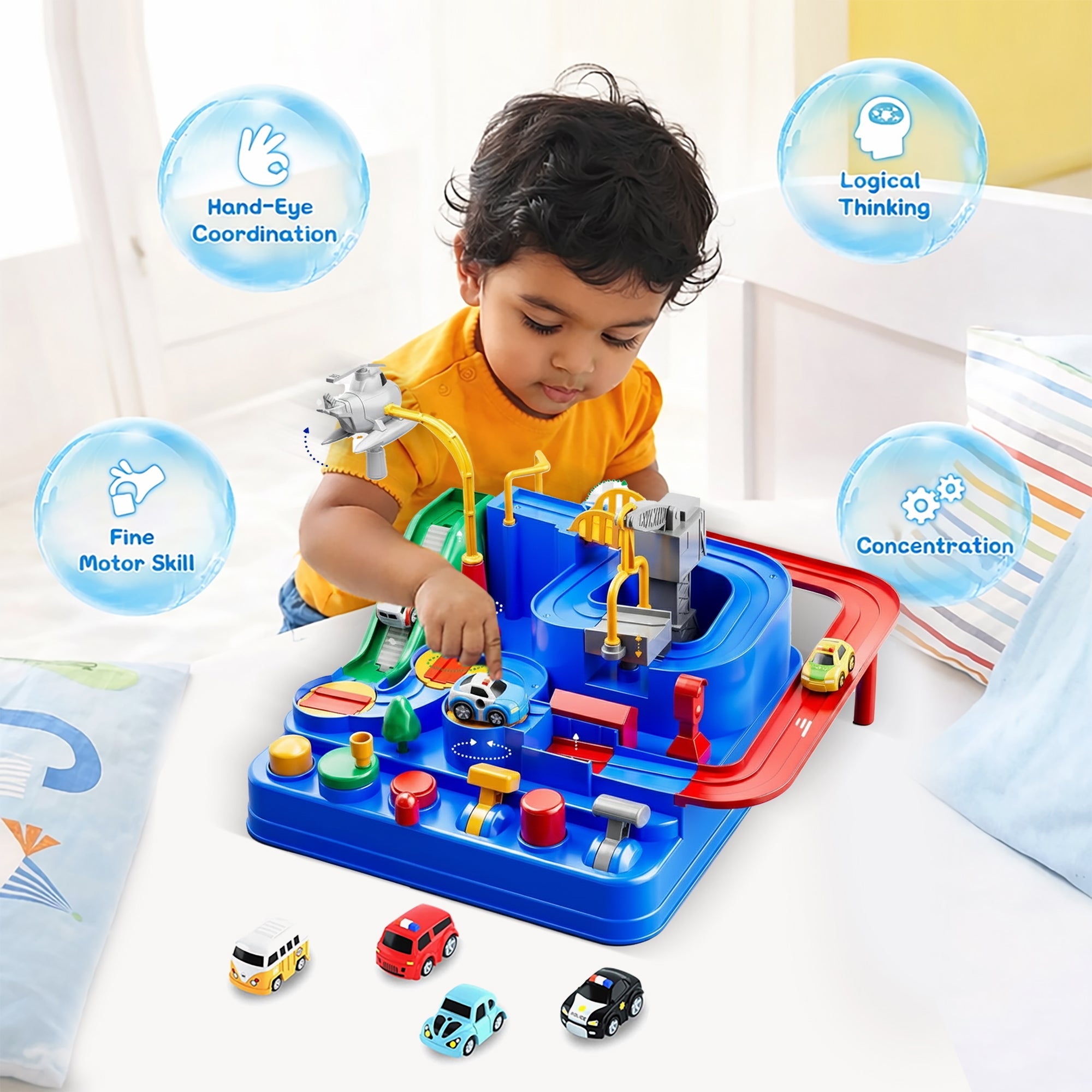 Kidology Car Race Tracks Toy | Car Adventure Toy for 0-3 Years, Boys, Girls & Kids | Playset City Rescue Activity for Toddlers | Pre Educational Learning Puzzle Gift for Babies (4 Car Included)