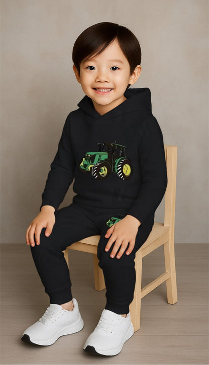 Kids green farming tractor Printed Cotton Blend Hoodie & Jogger Set Luck Fashion