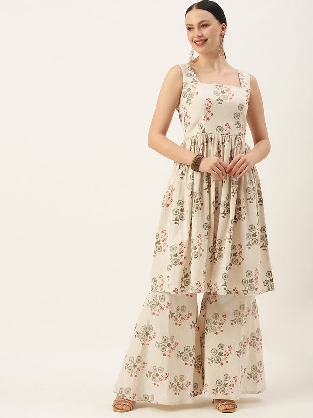 Bollywood Vogue Ready To Wear Cream Printed Kurta N Gharara Set