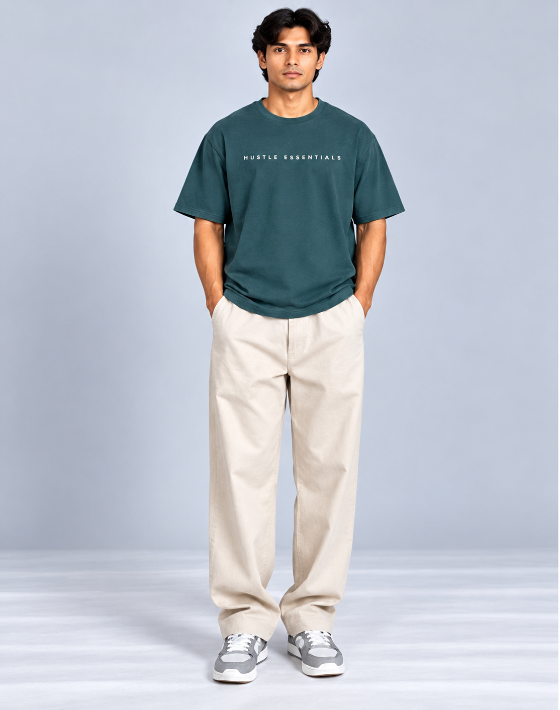 HUSTLE Essentials Men's Crew Neck Oversized T-Shirt – Crystal Teal(Oversized fit)