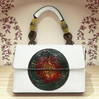 Magalla Leather Handbag with Embossed Floral Design
