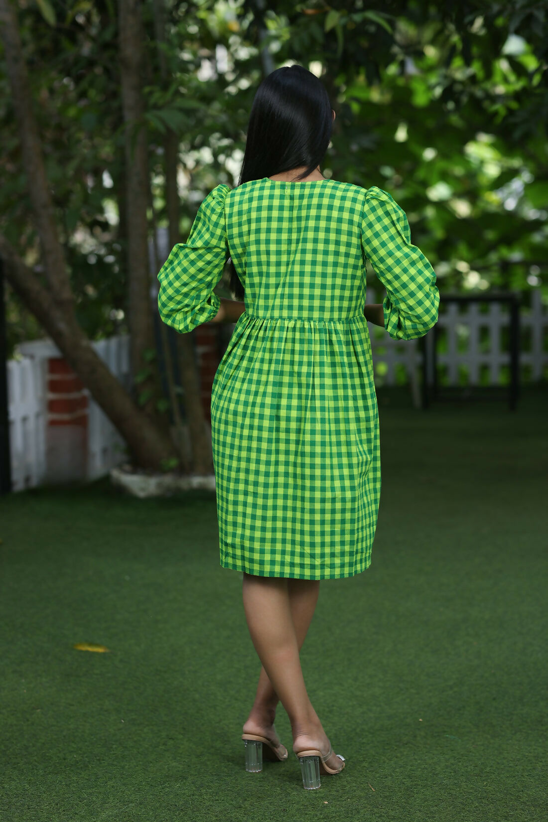 Fiona Neon Green Checkered Cotton Dress With Lace Yoke And Relaxed Silhouette Studio Sienna