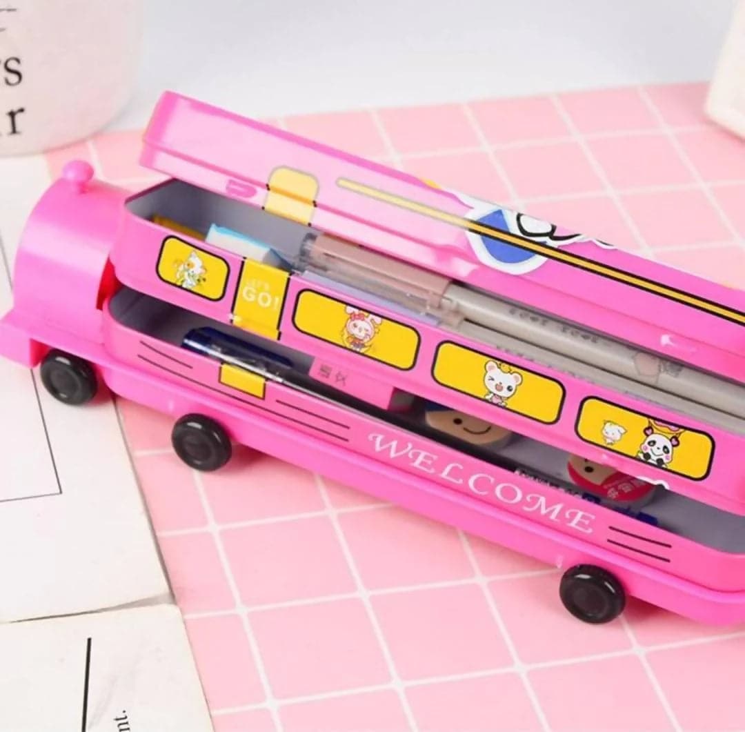 DealFry Triple Layer Cartoon Printed Train Shape Pencil Box with Moving Tyres & Built-in Pencil Sharpener (Pink) - HalfPe