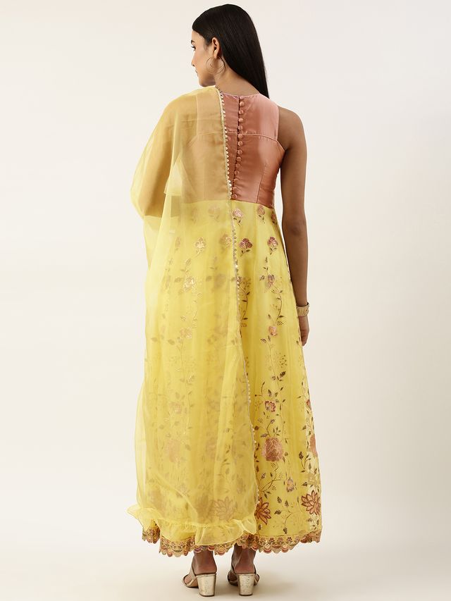 Bollywood Vogue Ready To Wear Yellow Organza Embroidered Anarkali Suit