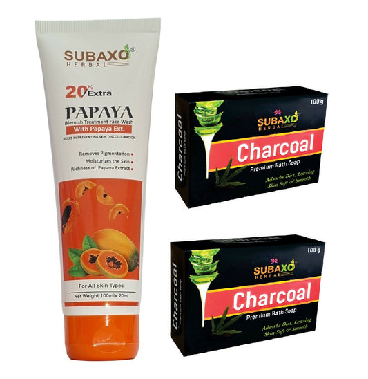 Subaxo Charcoal Bath Soap (75 g Each, Pack Of 2) & Papaya Herbal Face Wash (120ml,Combo)