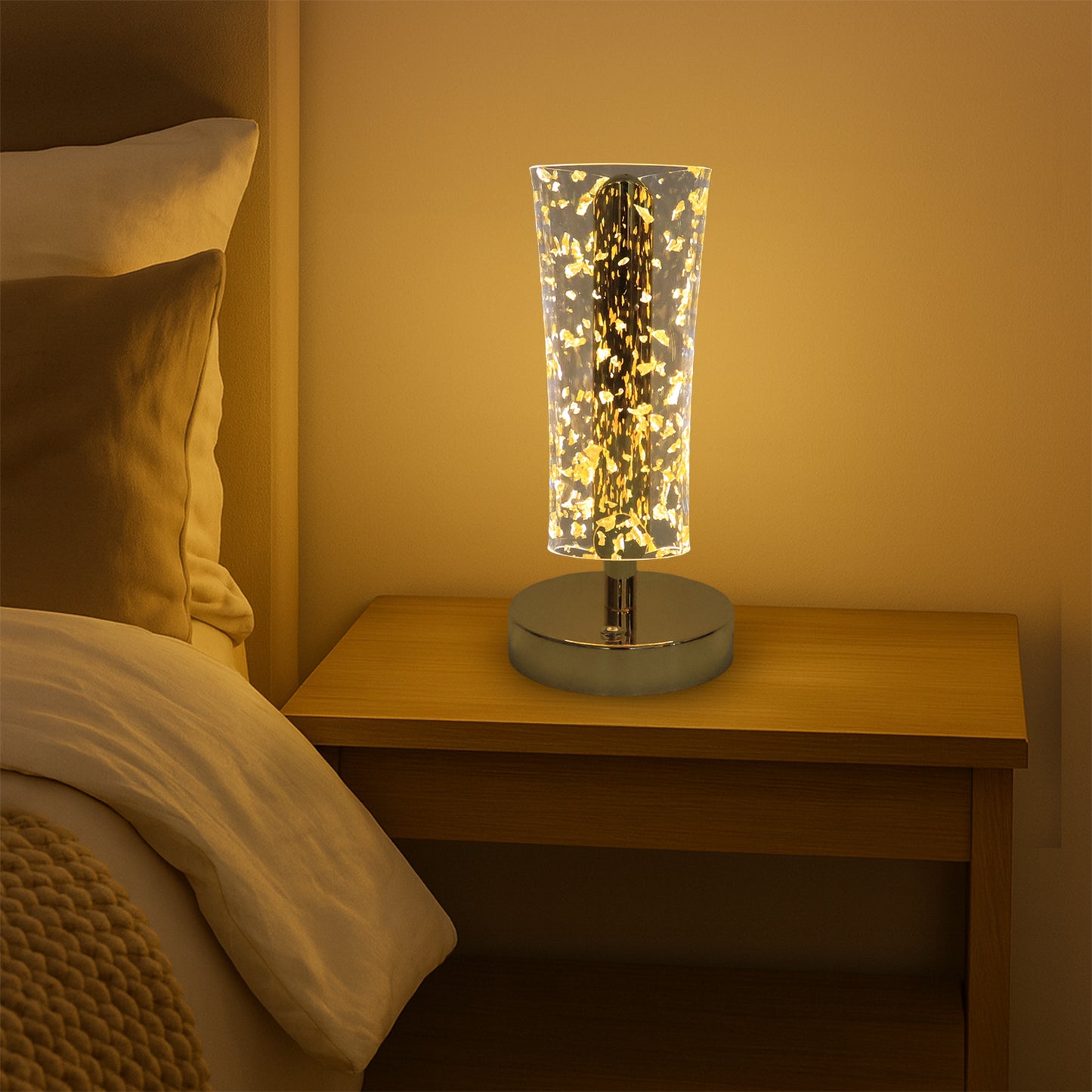 Luxury Golden Crystal LED Table Lamp with Golden Flake Acrylic Shade – USB Rechargeable Decorative Bedside(1 Pc)