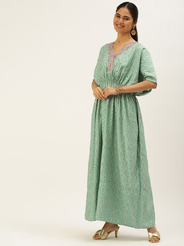 Bollywood Vogue Ready To Wear Blue Modal Satin Print Kaftan Gown