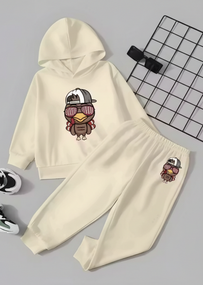 Kids Hooded Sweatshirt & Jogger Set – Cool Bird Cartoon Print Casual Wear (Cream) Luck Fashion
