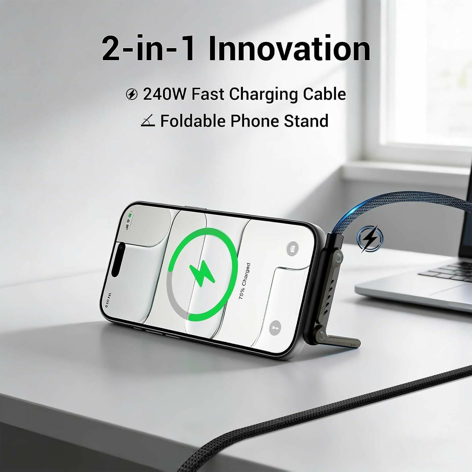 240W USB to USB-C Fast Charging Cable with 360° Adjustable Foldable Metal Stand | 4.9 FT Braided Cable | Fast Charging & Data Sync