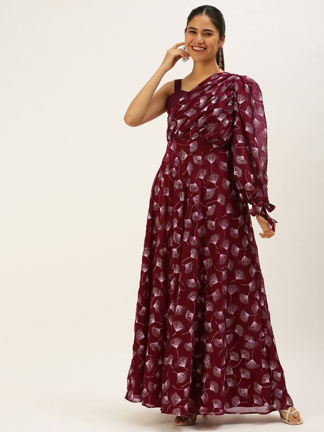Bollywood Vogue Ready To Wear Maroon Foil Printed Maxi Dress