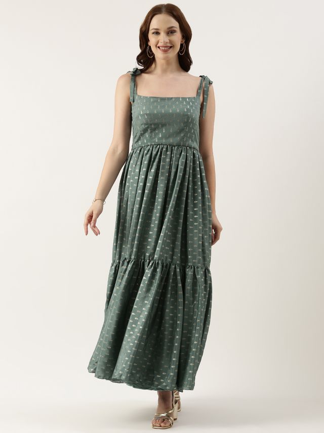 Bollywood Vogue Ready To Wear Green Chinon Foil Printed Maxi Dress