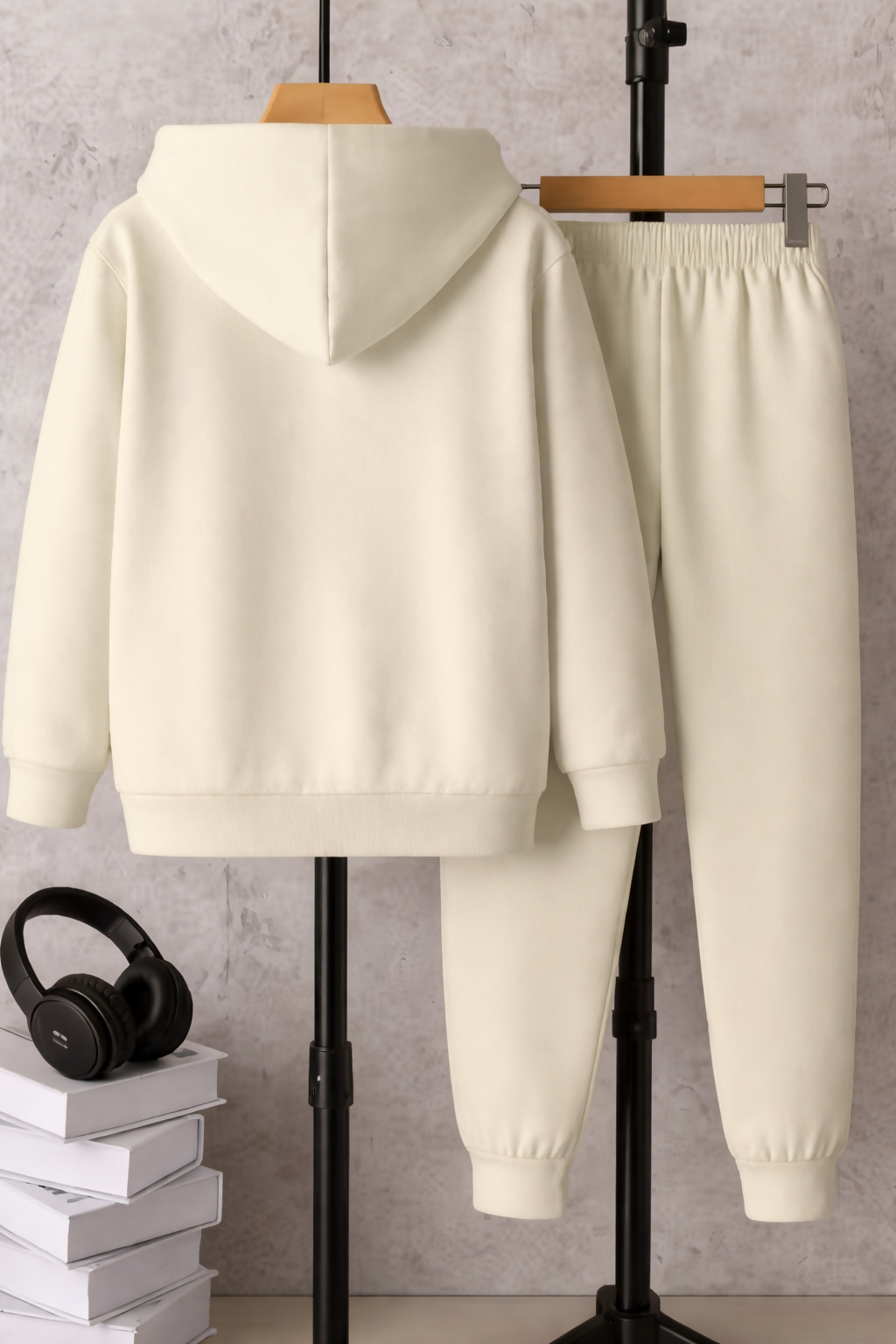 Kids Hooded Sweatshirt & Jogger Set – Basketball Bear Print Casual Wear (Cream) Luck Fashion