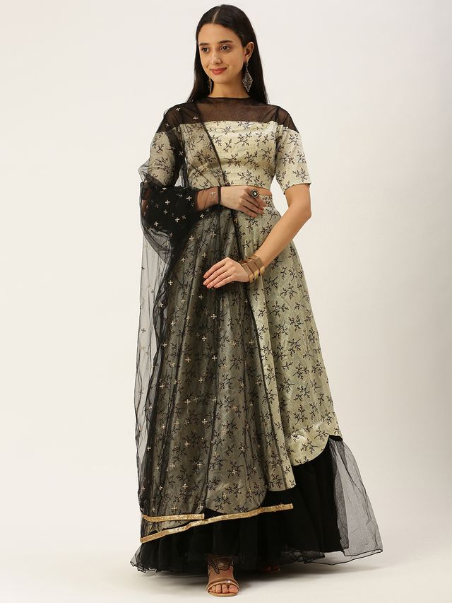 Bollywood Vogue Ready To Wear Off White Art Silk Scallop Lehenga Set