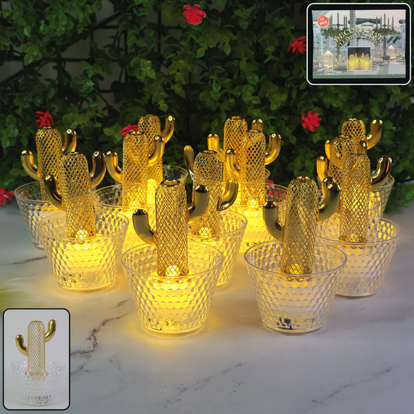 Decorative Cactus Shape LED Tealight Candles with Transparent Cup Holders (12 Pc)