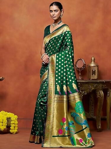 AXONIT Green Soft Silk Saree with Golden Zari Polka & Peacock Pallu
