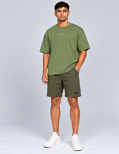 HUSTLE Men's Crew Neck Oversized T-Shirt – Olive Green(Oversized fit)