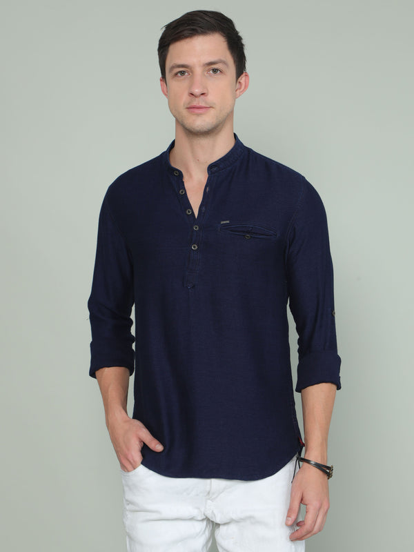 Men's Blue Slim Fit Solid Full Sleeves Casual Kurta Shirt