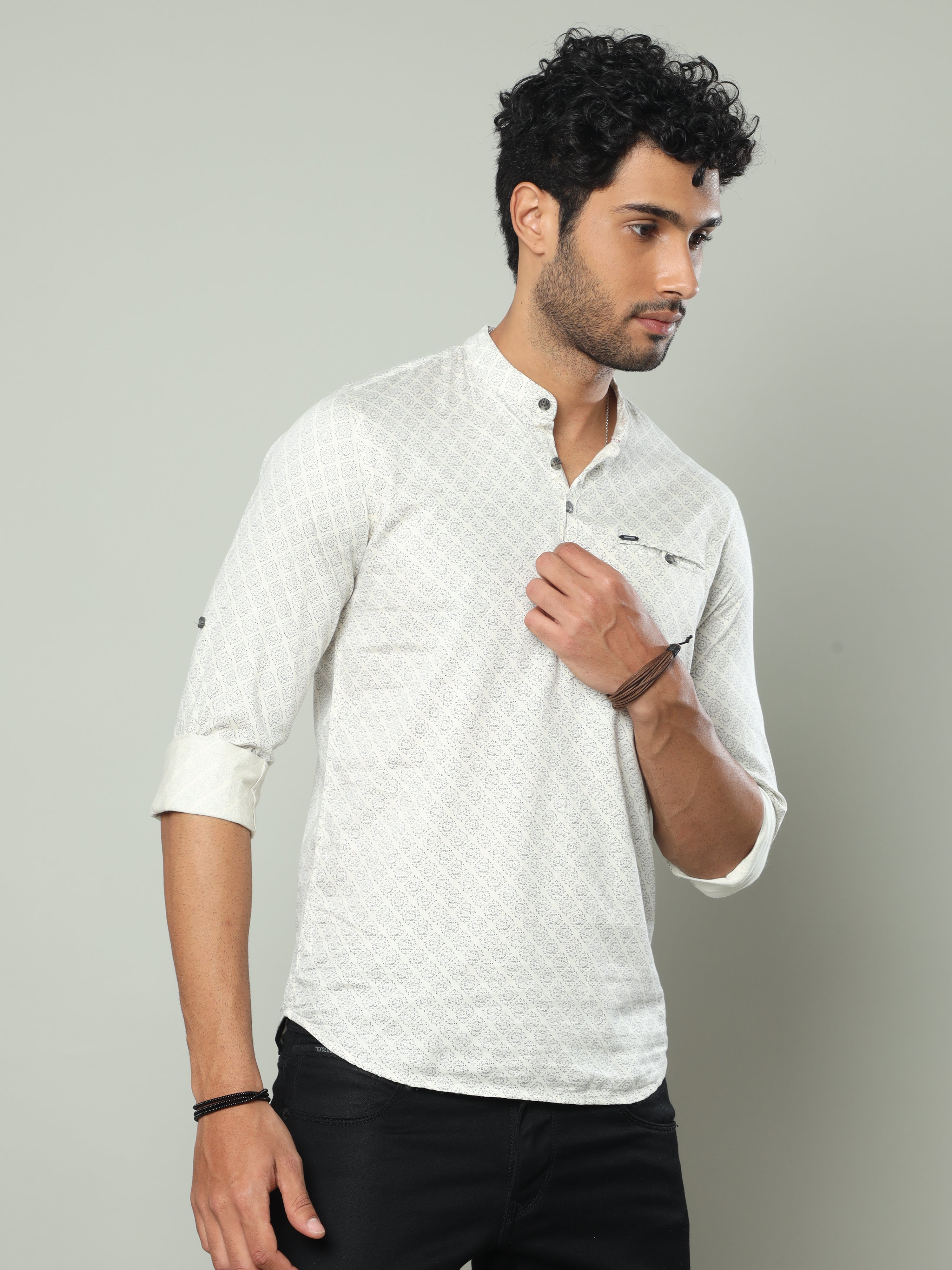 Men's Cream Slim Fit Full Sleeve Printed Casual Kurta Shirts