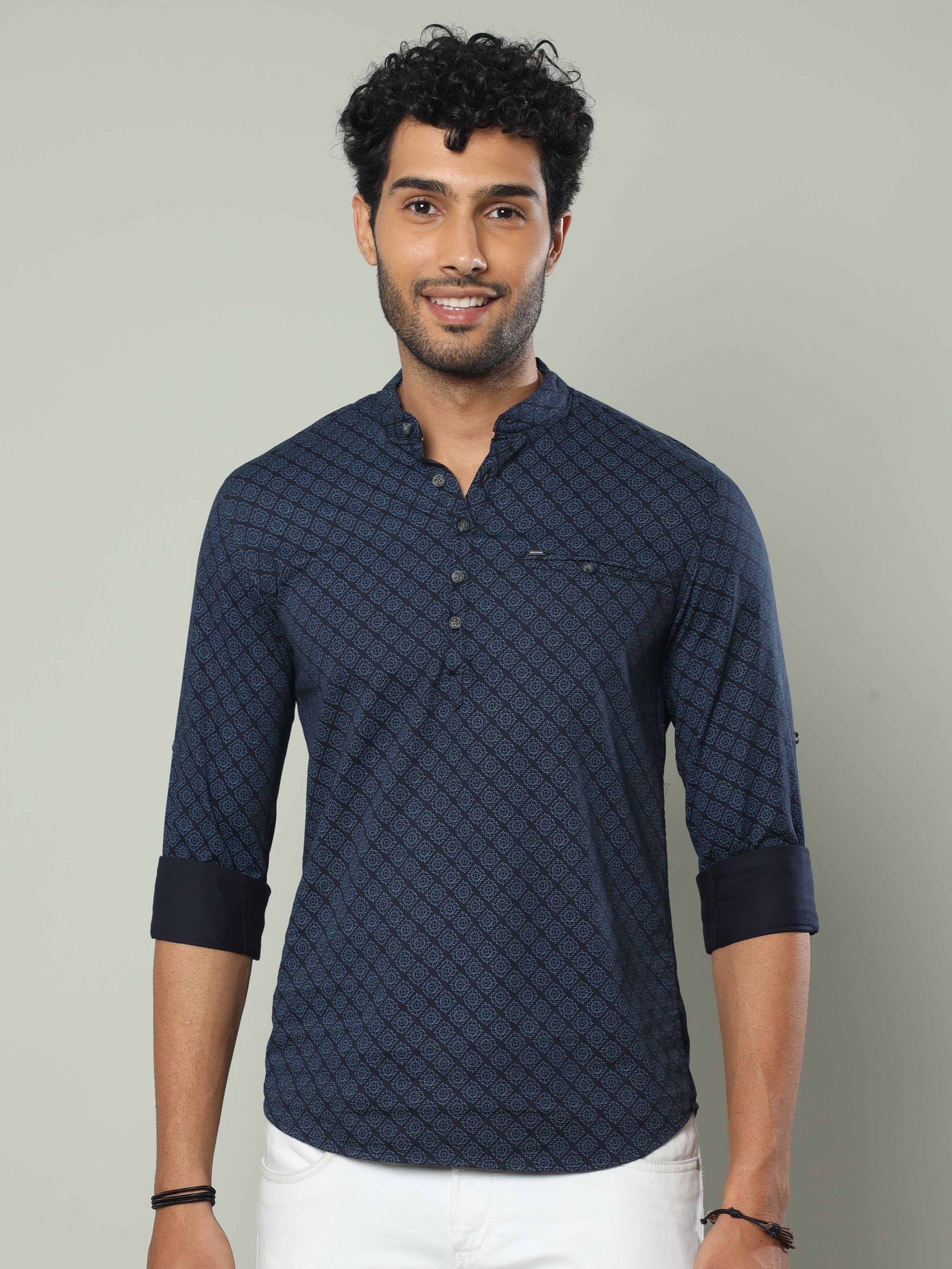 Men's Blue Slim Fit Printed Full Sleeves Casual Kurta Shirts