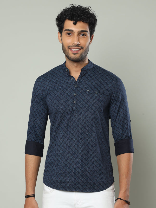 Men's Blue Slim Fit Printed Full Sleeves Casual Kurta Shirts