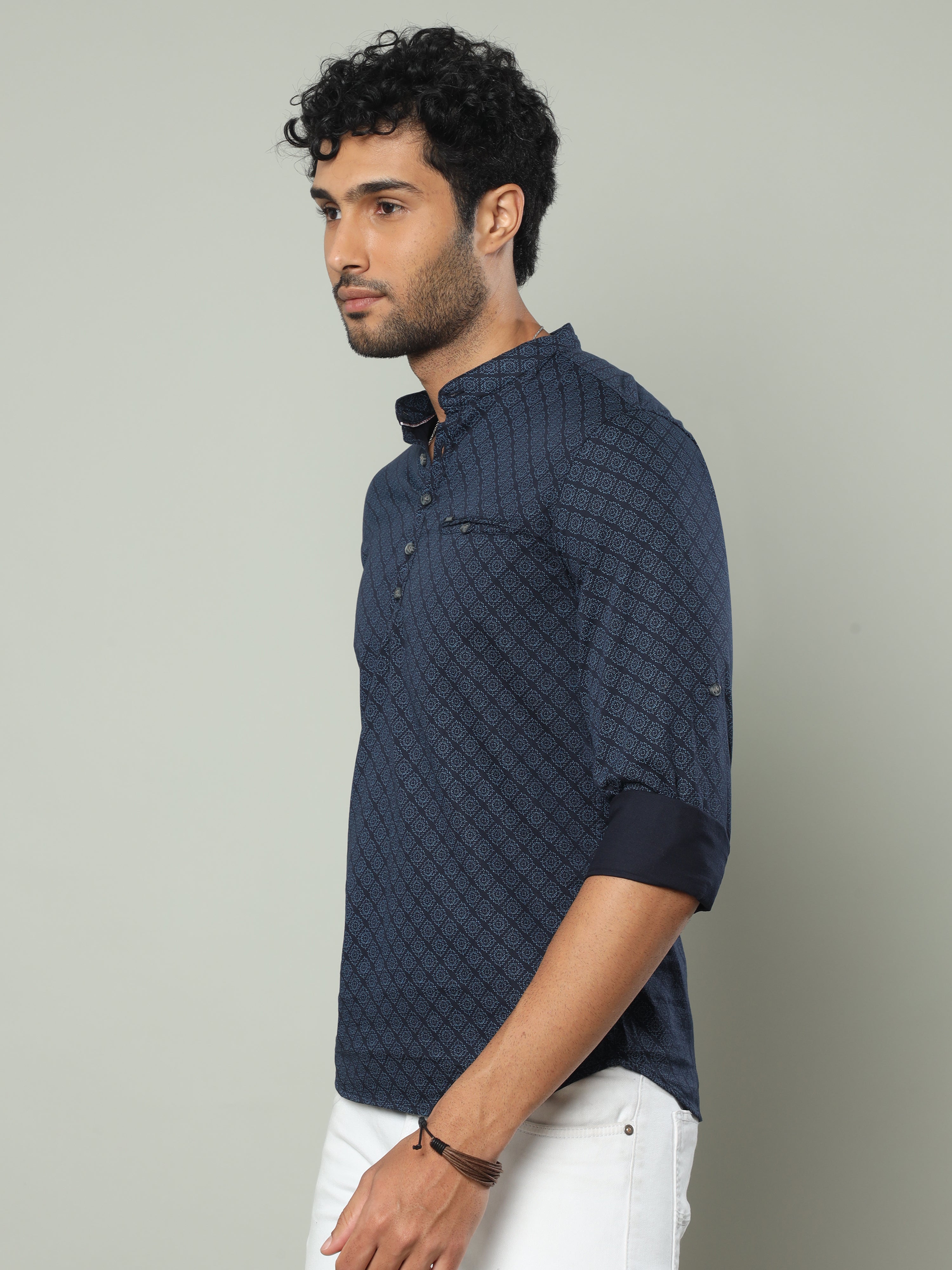 Men's Blue Slim Fit Printed Full Sleeves Casual Kurta Shirts