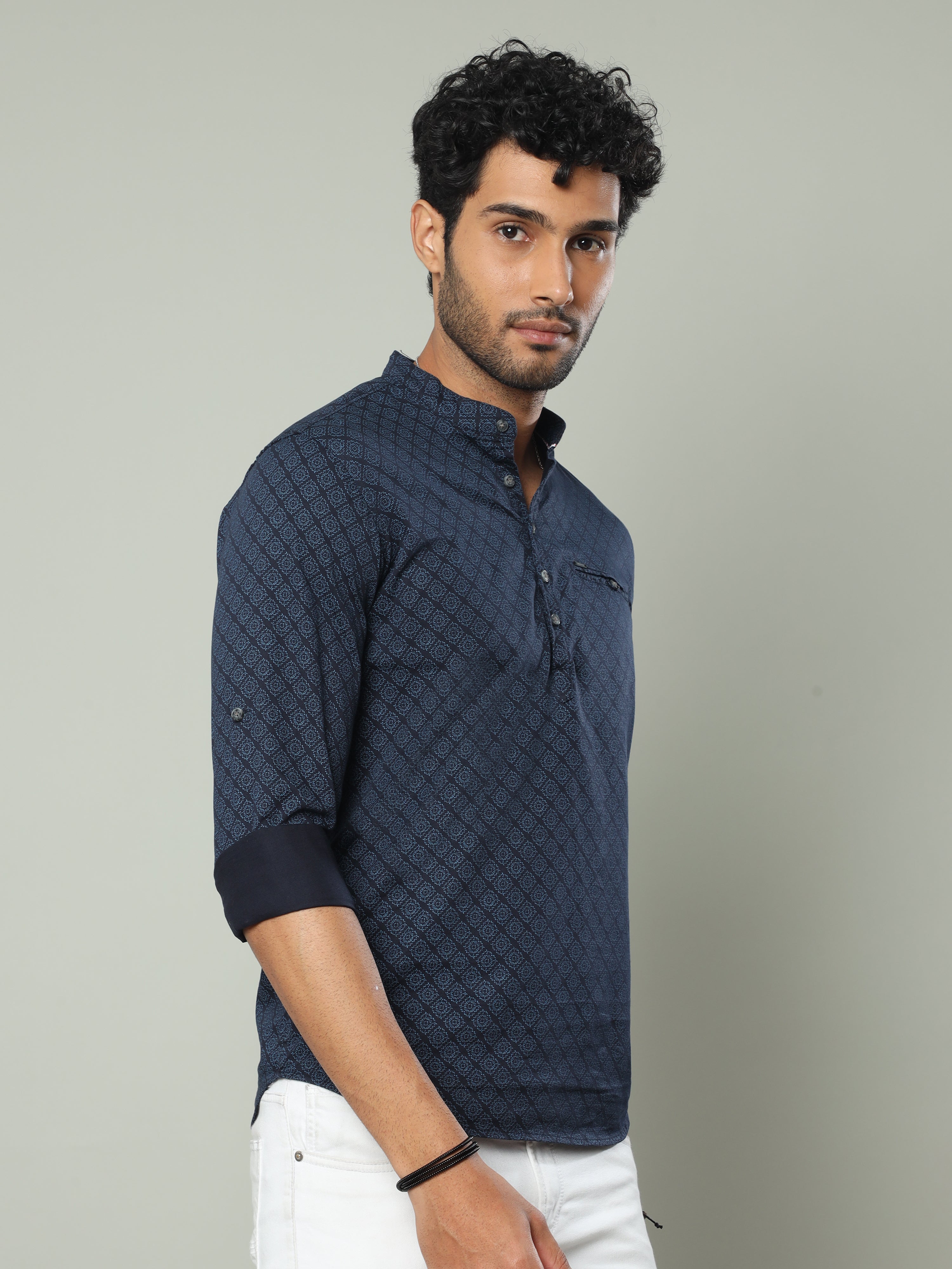 Men's Blue Slim Fit Printed Full Sleeves Casual Kurta Shirts