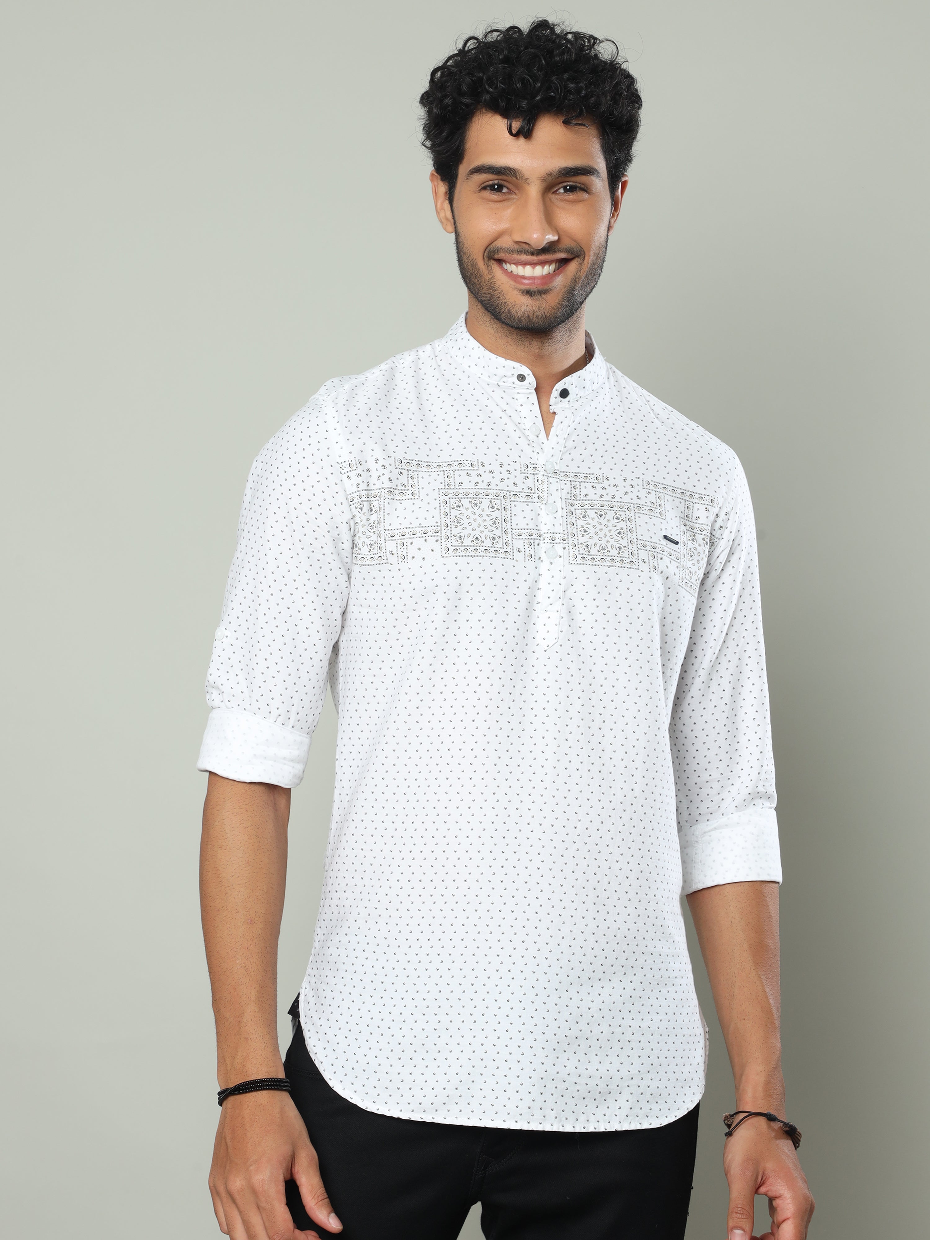 Men's White Slim Fit Printed Full Sleeve Casual Kurta Shirts