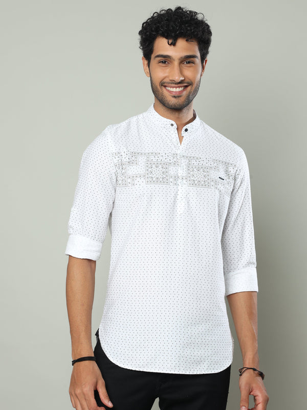 Men's White Slim Fit Printed Full Sleeve Casual Kurta Shirts