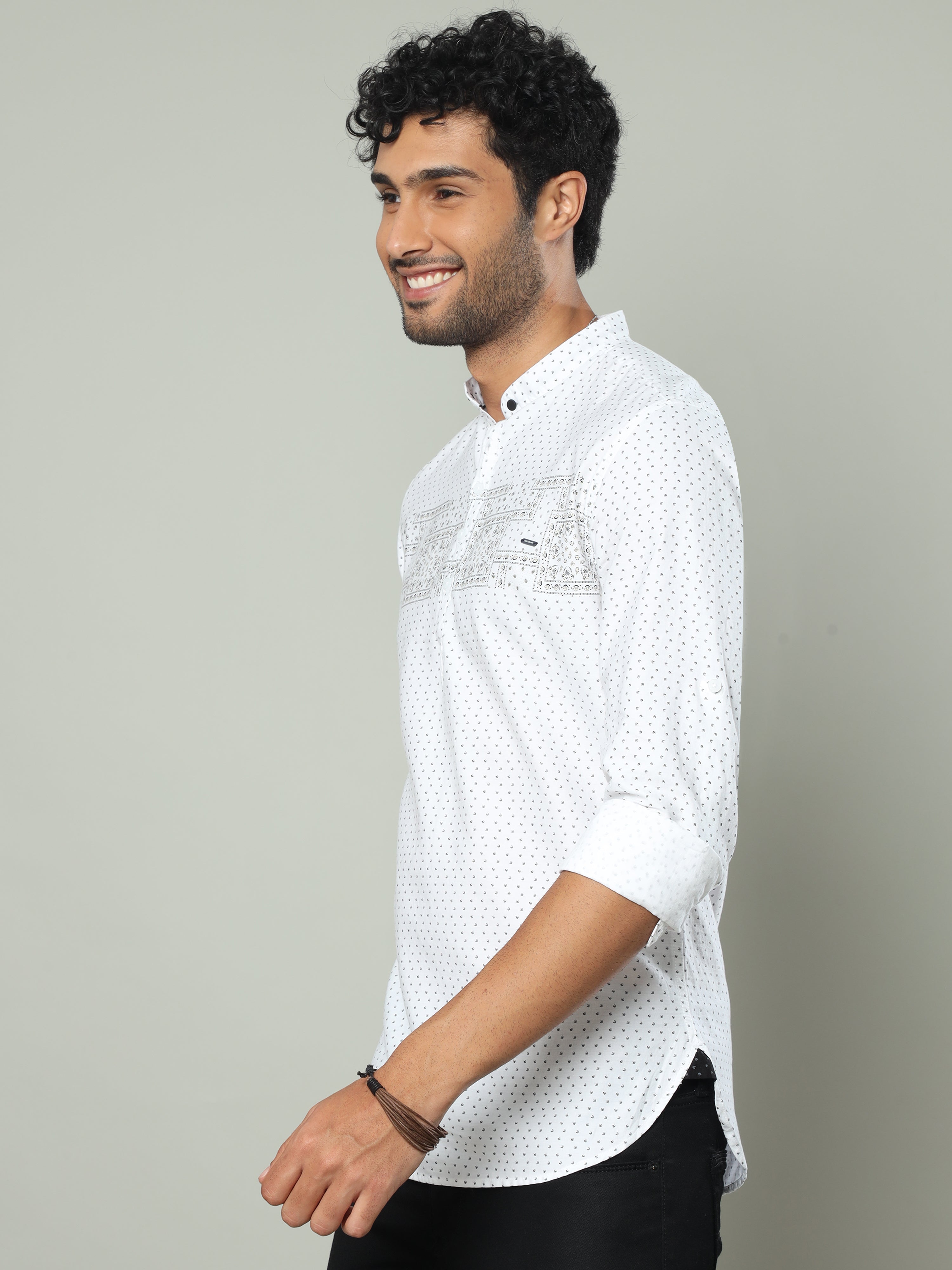 Men's White Slim Fit Printed Full Sleeve Casual Kurta Shirts