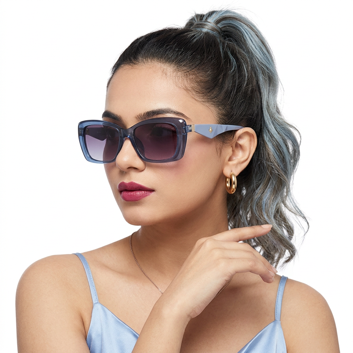 Eyejack Blue Rectangle Sunglasses for Men and Women - worn by a male model (image 3)