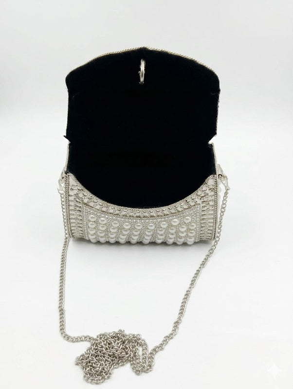 Buddy Cares Metal Bag for Women, Silver Pearl Embellished Clutch Purse with Chain Strap – Rectangular – view 5 – Buddy Cares
