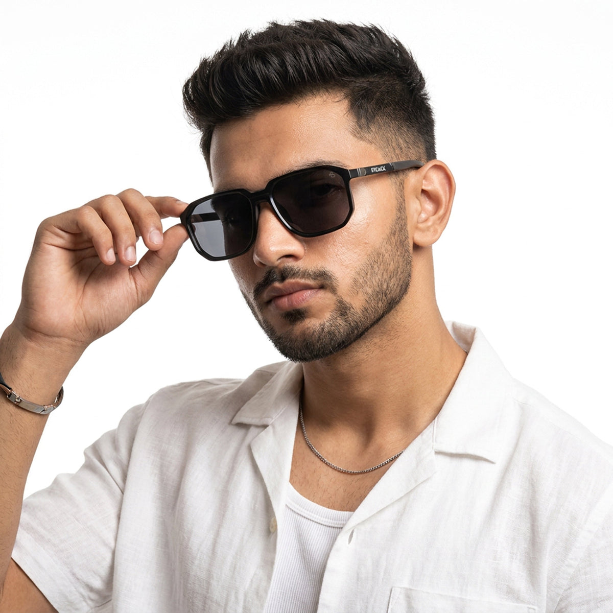 Eyejack Matte Black Wayfarer Sunglasses for Men and Women - Style 1138 - worn by a male model (image 1)