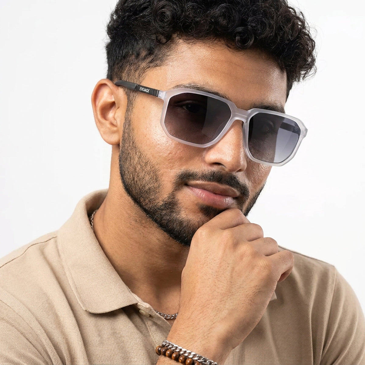 Eyejack Transparent Wayfarer Sunglasses for Men and Women - Style 1141 - worn by a male model (image 1)