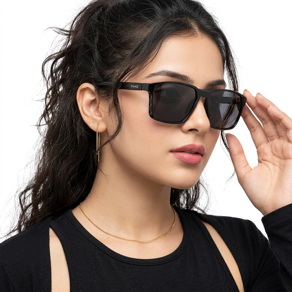 Eyejack Black Square Sunglasses for Men and Women - Style 1147 - worn by a male model (image 3)