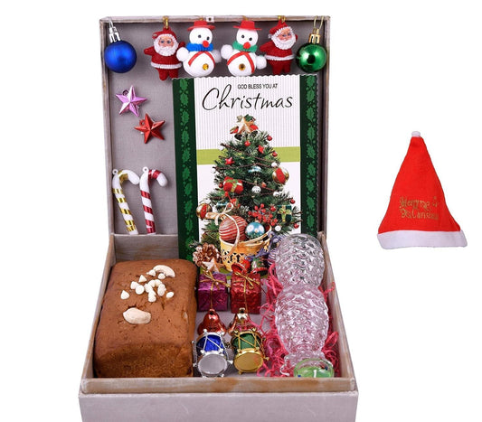 MANTOUSS Christmas Cake Gift(200gms)/ Christmas Plum Cake Gift Box+2 Shot Glasses + Christmas Card + Glass Candle + Christmas Tree Decoration Set+Santa Cap - HalfPe