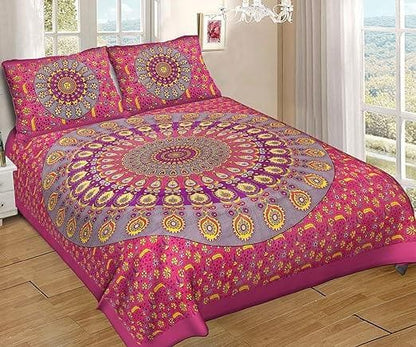 Jaipuri Printed Queen Size Bedsheet/Bed Cover with Two Pillow Covers (Pink, multi designed) - HalfPe