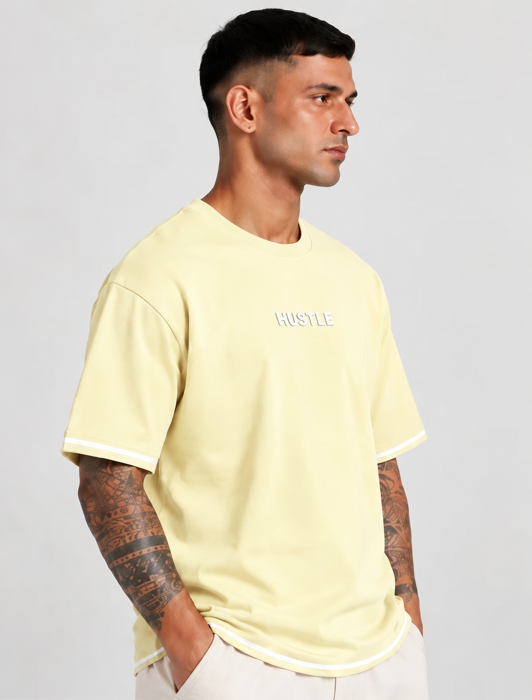 HUSTLE Men's Crew Neck Oversized T-Shirt – Warm Cream