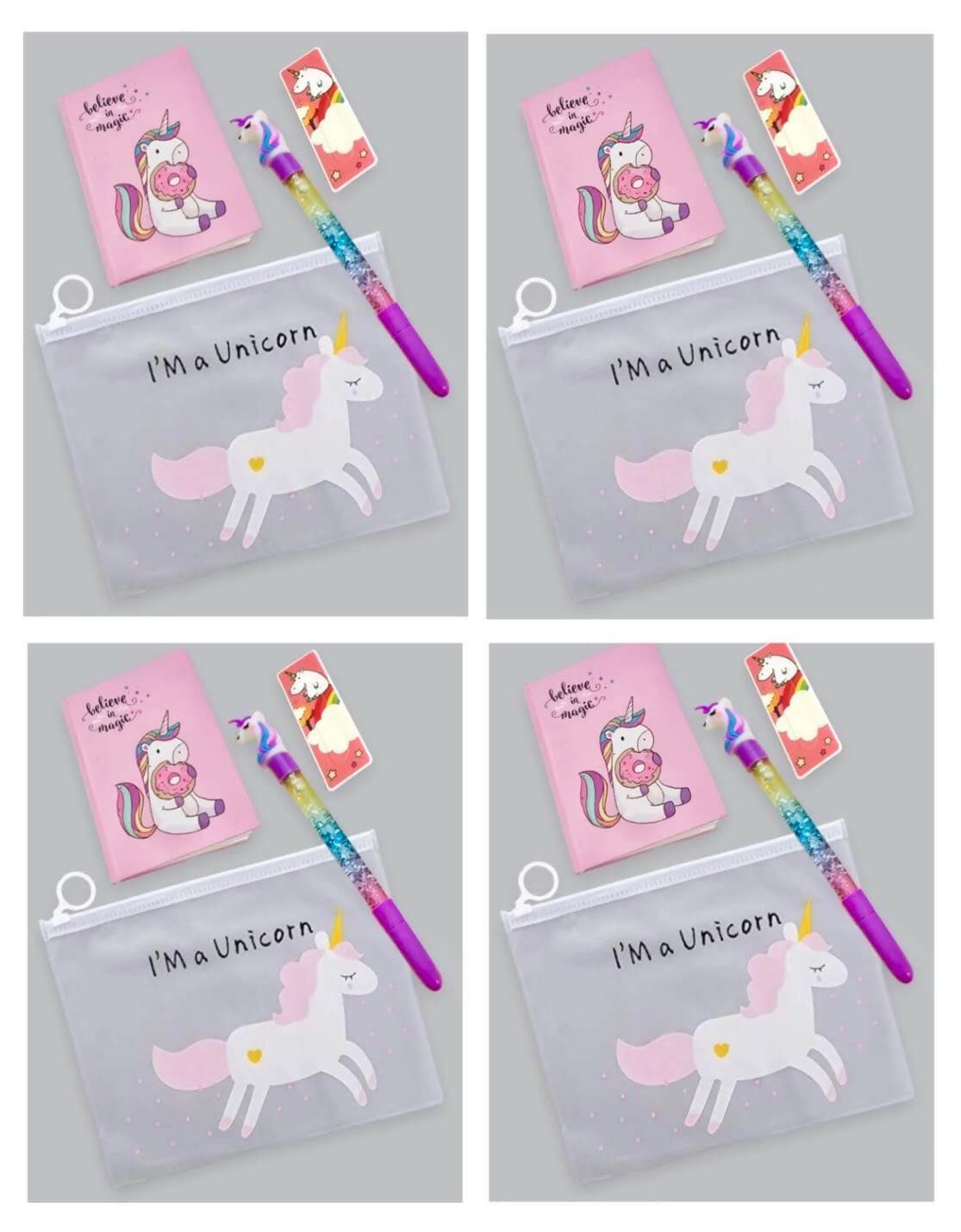 Unicorn Gift Set Of Clear Folder Pouch , A6 Diary , Pen And Bookmark (Pack Of 4) - HalfPe